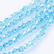 Glass Beads Strands, AB Color Plated, Faceted, Bicone, Deep Sky Blue, 4x4mm, Hole: 1mm, about 92~96pcs/strand, 13.78~14.37 inch(EGLA-S056-03)