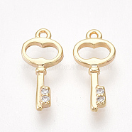 Brass Cubic Zirconia Charms, Key, Nickel Free, Real 18K Gold Plated, Clear, 11x5x1mm, Hole: 0.6mm(KK-S350-366)
