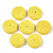 Handmade Woven Beads, Paper Imitation Raffia Covered with Wood, No Hole/Undrilled, Flat Round, Yellow, 25~28x7~8mm(X-WOVE-T006-137C)