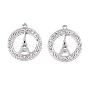 304 Stainless Steel Pendants, with Crystal Rhinestone, Ring with Eiffel Tower, Stainless Steel Color, 26x22.5x2mm, Hole: 2mm(STAS-N095-154)