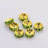 Brass Rhinestone Spacer Beads, Grade A, Straight Flange, Golden Metal Color, Rondelle, Peridot, 7x3.2mm, Hole: 1.2mm(RB-A014-Z7mm-07G)