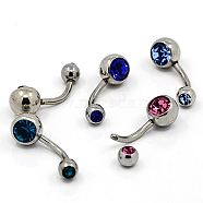 Fashionable 304 Stainless Steel Belly Rings, with Rhinestones, Mixed Color, 24x8mm, Pin: 1mm(AJEW-J004-M)