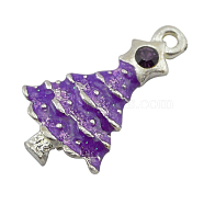 Alloy Enamel Pendants, Cadmium Free & Lead Free, with Rhinestones, Christmas Tree, Purple, Silver Color Plated, Purple, about 21mm long, 12mm wide, 4mm thick, hole: 1.5mm(X-BSAFH230-2)