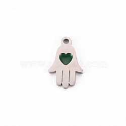 304 Stainless Steel Enamel Charms, Stainless Steel Color, Hamsa Hand/Hand of Miriam, Dark Green, 15x9.5x1mm, Hole: 1.5mm(STAS-Q242-037B)
