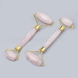 Natural Rose Quartz Massage Tools, Facial Rollers, with Brass Findings, Gold, 14.8x5.8x2cm(G-S330-38B)