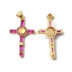 Rack Plating Brass Micro Pave Cubic Zirconia Pendants, Cadmium Free & Lead Free, Long-Lasting Plated, Real 18K Gold Plated, Cross, Fuchsia, 30.5x18x5.5mm, Hole: 4x3.3mm(KK-P235-08G-02)