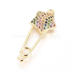 Brass Micro Pave Cubic Zirconia Links connectors, Safety Pin Shape with Star, Colorful, Golden, 27x10x3.5mm, Hole: 1.2mm(KK-I657-13G-B)