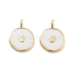 Flat Round with Paw Print Pattern Rack Plating Brass Enamel Pendants, Cadmium Free & Lead Free, Long-Lasting Plated, Real 18K Gold Plated, White, 18.5x13.5x4mm, Hole: 2x3mm(KK-G512-12G)