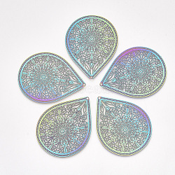 Ion Plating(IP) 304 Stainless Steel Filigree Big Pendants, Etched Metal Embellishments, teardrop, with Floral, Rainbow Color, 51.5x40x0.2mm, Hole: 1.4mm(X-STAS-S108-32)