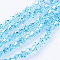 Glass Beads Strands, AB Color Plated, Faceted, Bicone, Deep Sky Blue, 4x4mm, Hole: 1mm, about 92~96pcs/strand, 13.78~14.37 inch(EGLA-S056-03)