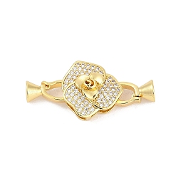 Brass Micro Pave Clear Cubic Zirconia Fold Over Clasps, Flower, Real 18K Gold Plated, 34.5mm(KK-M311-17G)