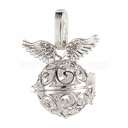 Brass Cage Pendants, For Chime Ball Pendant Necklaces Making, Cadmium Free & Nickel Free & Lead Free, Hollow Round with Wing, Silver Color Plated, 23x23x16mm, Hole: 4x9.5mm, Inner Diameter: 12mm(KK-K163-16S-NR)