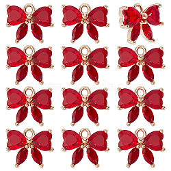 12Pcs Brass Glass Charms, Butterfly Charm, Light Gold, Faceted, Red, 10x12x4mm, Hole: 1.4mm(KK-PH0013-43A)