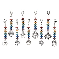Tree of Life Tibetan Style Alloy Pendant Decorations, 7 Chakra Natural Lava Rock & Glass Seed Beads and Lobster Claw Clasps Charms, Mixed Shapes, 76.5~87mm, Pendants: 59~69x5.5~23.5mm, 9pcs/set(HJEW-JM01664)