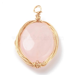 Natural Rose Quartz Pendants, with Real 18K Gold Plated Brass Finddings, Oval, 26x15x5mm, Hole: 2mm(PALLOY-JF00670)