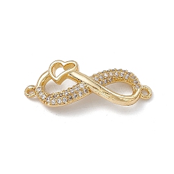 Rack Plating Brass Micro Pave Clear Cubic Zirconia Connector Charms, Lead Free & Cadmium Free, Infinity Links with Heart, Real 18K Gold Plated, 28.6x11x4mm, Hole: 1.2mm(KK-A175-02G)