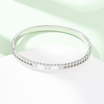 304 Stainless Steel Micro Pave Cubic Zirconia Hinged Bangles for Women, Stainless Steel Color, Inner Diameter: 2-3/8x1-7/8 inch(5.9x4.8cm)