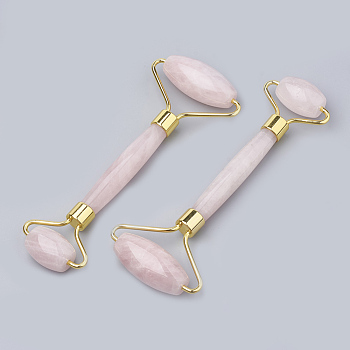 Natural Rose Quartz Massage Tools, Facial Rollers, with Brass Findings, Gold, 14.8x5.8x2cm