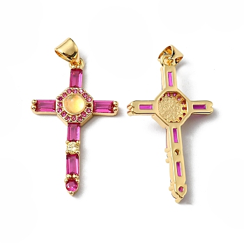 Rack Plating Brass Micro Pave Cubic Zirconia Pendants, Cadmium Free & Lead Free, Long-Lasting Plated, Real 18K Gold Plated, Cross, Fuchsia, 30.5x18x5.5mm, Hole: 4x3.3mm