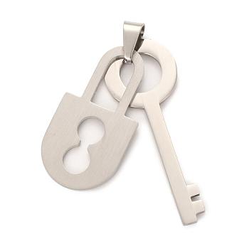 201 Stainless Steel Key and Lock Pendants, Stainless Steel Color, 40x14x1.5mm, Hole: 4x9mm