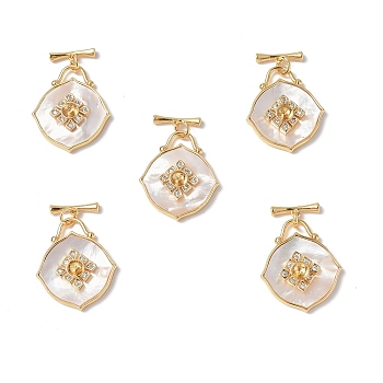 Rhombus Shell Toggle Clasps, with Brass Crystal Rhinestone Findings, Real 18K Gold Plated, Rhombus Clasps: 24x20.5x5.5mm, T Clasps: 3x12.5x2.5mm, Pin: 0.7mm, Hole: 4mm