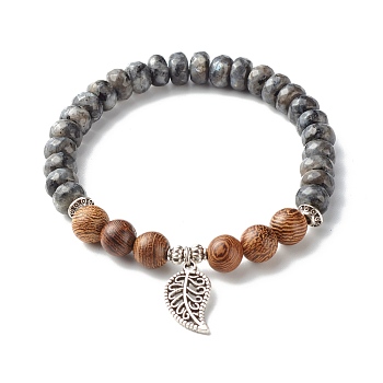 Reiki Natural Labradorite & Wenge Wood Beads Stretch Bracelet, Leaf Alloy Charm Bracelet for Girl Women, Inner Diameter: 2-1/8 inch(5.3cm)
