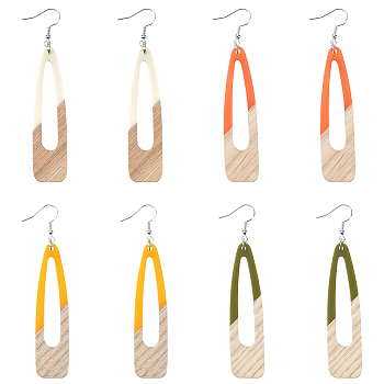 4 Pair 4 Color Resin & Wood Dangle Earrings, with Pins, Hollow Teardrop, Mixed Color, 87mm, 1 Pair/color