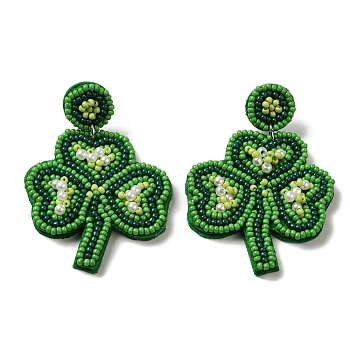 Saint Patrick's Day Glass Seed Beaded Dangle Stud Earrings, 304 Stainless Steel Long Drop Earrings, Clover, 58x42mm