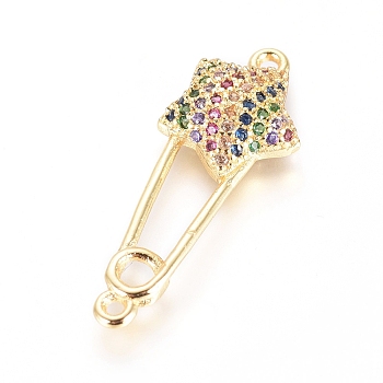 Brass Micro Pave Cubic Zirconia Links connectors, Safety Pin Shape with Star, Colorful, Golden, 27x10x3.5mm, Hole: 1.2mm