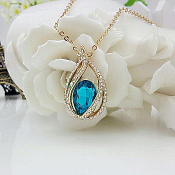 Teardrop Alloy Crystal Rhinestone & Glass Pendant Necklaces for Women, Golden, Deep Sky Blue, 17.72 inch(45cm)