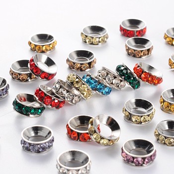Brass Rhinestone Spacer Beads, Rondelle, Mixed, Nickel Color, about 10mm in diameter, 4mm thick, hole: 5mm