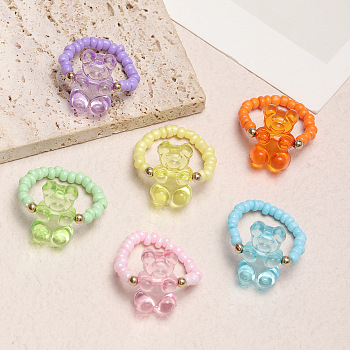 6Pcs Glass Seed Beaded Stretch Rings, Bear Resin Rings, Mixed Color, Inner Diameter: 18mm