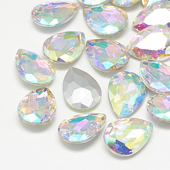 Pointed Back Glass Rhinestone Cabochons, Back Plated, Faceted, teardrop, Crystal AB, 18x13x5mm