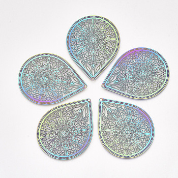 Ion Plating(IP) 304 Stainless Steel Filigree Big Pendants, Etched Metal Embellishments, teardrop, with Floral, Rainbow Color, 51.5x40x0.2mm, Hole: 1.4mm