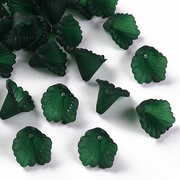 Frosted Acrylic Bead Caps, Flower, Dark Green, 12x12x9mm, Hole: 1.2mm, about 1700pcs/500g