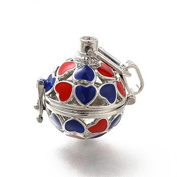 Alloy Enamel Bead Cage Pendants, Hollow Heart Charm, for Chime Ball Pendant Necklaces Making, Platinum, Red, 34mm, Hole: 6x3mm, Bead Cage: 26x25x21mm, 18mm Inner Size