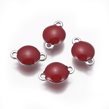 304 Stainless Steel Enamel Links connectors, Enamelled Sequins, Flat Round, Stainless Steel Color, Dark Red, 12x8x4mm, Hole: 1.4mm