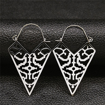 304 Stainless Steel Hollow Triangle Hoop Earrings, Bohemia Theme Earrings, Stainless Steel Color, 51x29x1mm