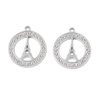 304 Stainless Steel Pendants, with Crystal Rhinestone, Ring with Eiffel Tower, Stainless Steel Color, 26x22.5x2mm, Hole: 2mm