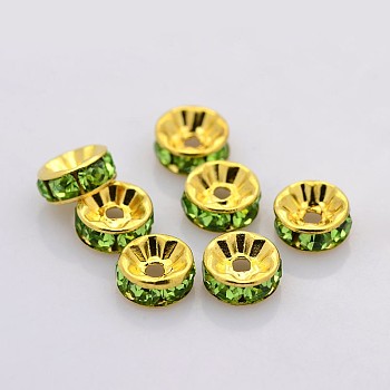 Brass Rhinestone Spacer Beads, Grade A, Straight Flange, Golden Metal Color, Rondelle, Peridot, 7x3.2mm, Hole: 1.2mm