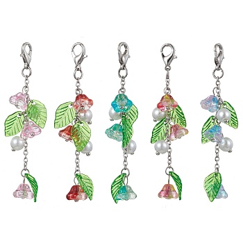 Trumpet Flower Glass & Leaf Acrylic Pendant Decorates, with Lobster Claw Clasps, Mixed Color, 67mm, 5pcs/set