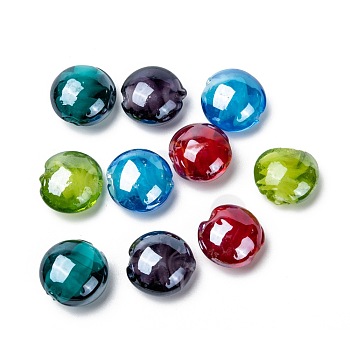 Handmade Lampwork Beads, Pearlized, Flat Round, Mixed Color, 16x8mm