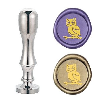DIY Scrapbook, Brass Wax Seal Stamp Flat Round Head and Handle, Silver Color Plated, Owl Pattern, 25mm