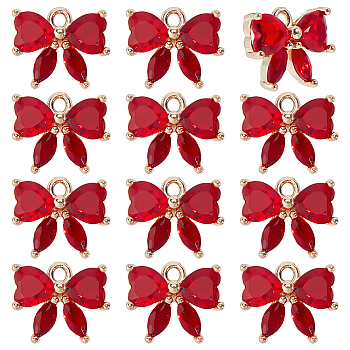 12Pcs Brass Glass Charms, Butterfly Charm, Light Gold, Faceted, Red, 10x12x4mm, Hole: 1.4mm