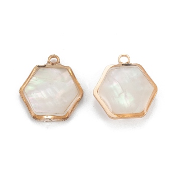 Natural White Shell Pendants, with Golden Brass Findings, Hexagon, 15x13.5x4mm, Hole: 1.5mm