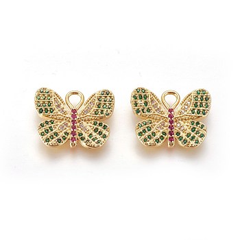 Brass Micro Pave Cubic Zirconia Pendants, Butterfly, Colorful, Golden, 14x17x2mm, Hole: 3x2mm