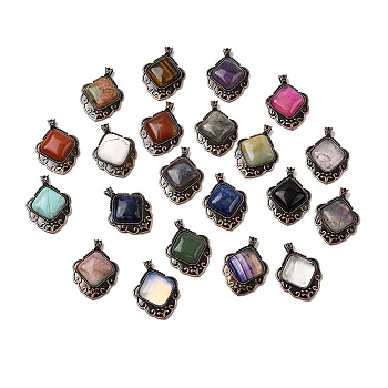 Natural & Synthetic Mixed Gemstone Pendants, Vintage Red Copper Tone Brass Gems Rhombus Charms, Mixed Dyed and Undyed, 40~40.5x29~29.5x7.5mm, Hole: 5x3.5mm