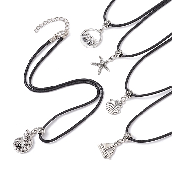 Ocean Theme Alloy Pendant Necklace with Imitation Leather Cords, Antique Silver, Mixed Shapes, 17.64~18.03 inch(44.8~45.8cm)