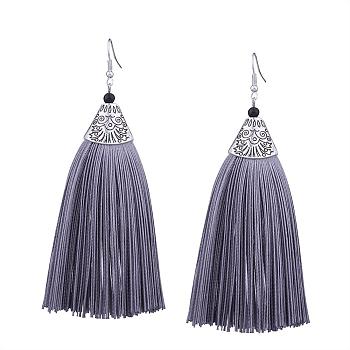 Dangling Tassel Earrings, with Alloy Finding, Antique Silver, Gray, 110x40mm