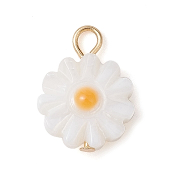 Natural Freshwater Shell Flower Charms with Golden Plated 304 Stainless Steel Loops, WhiteSmoke, 13.5x10x2.5mm, Hole: 2mm